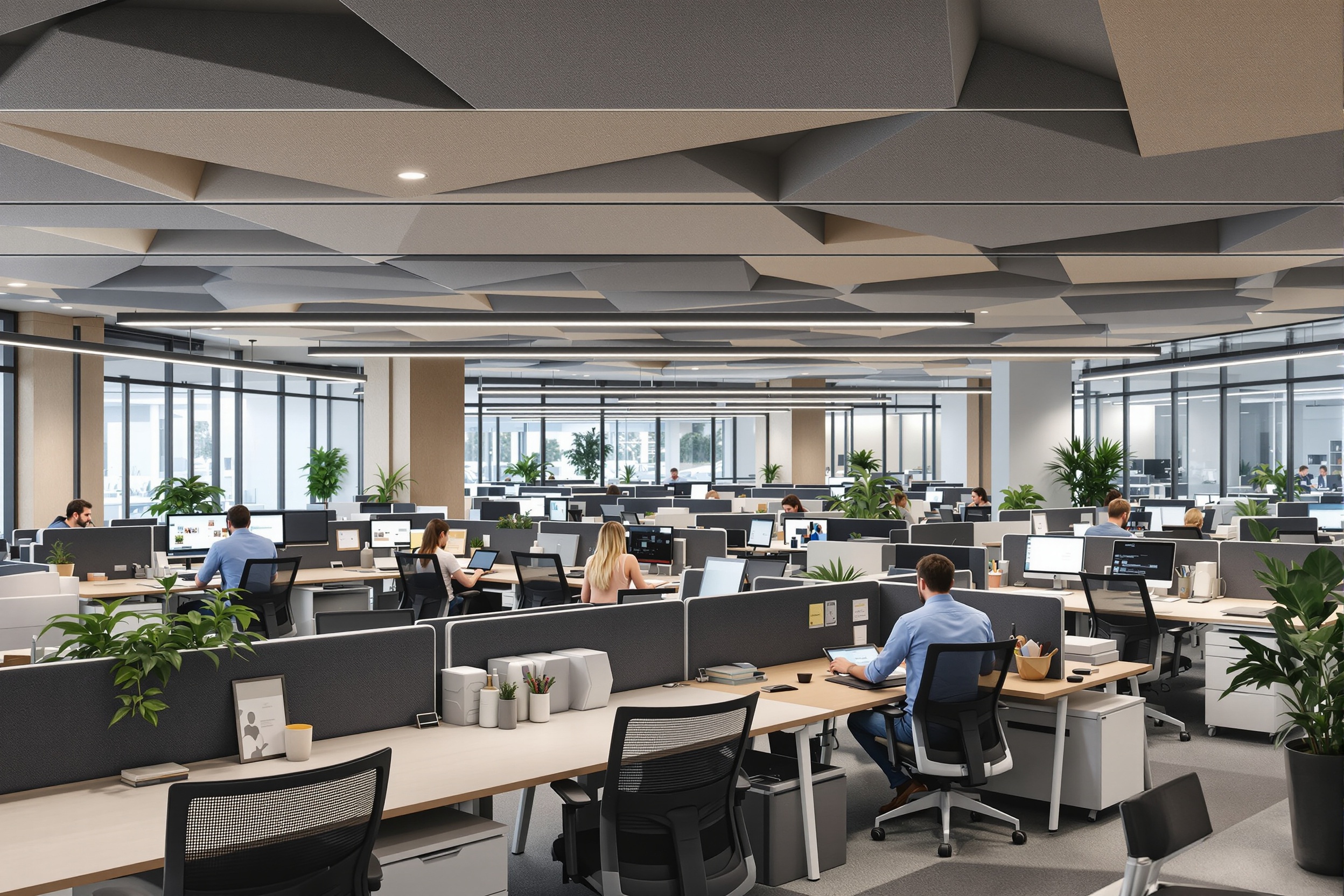 Nowoczesne biuro open space z wiszącymi panelami akustycznymi PET i kabiną telefoniczną, stonowane kolory