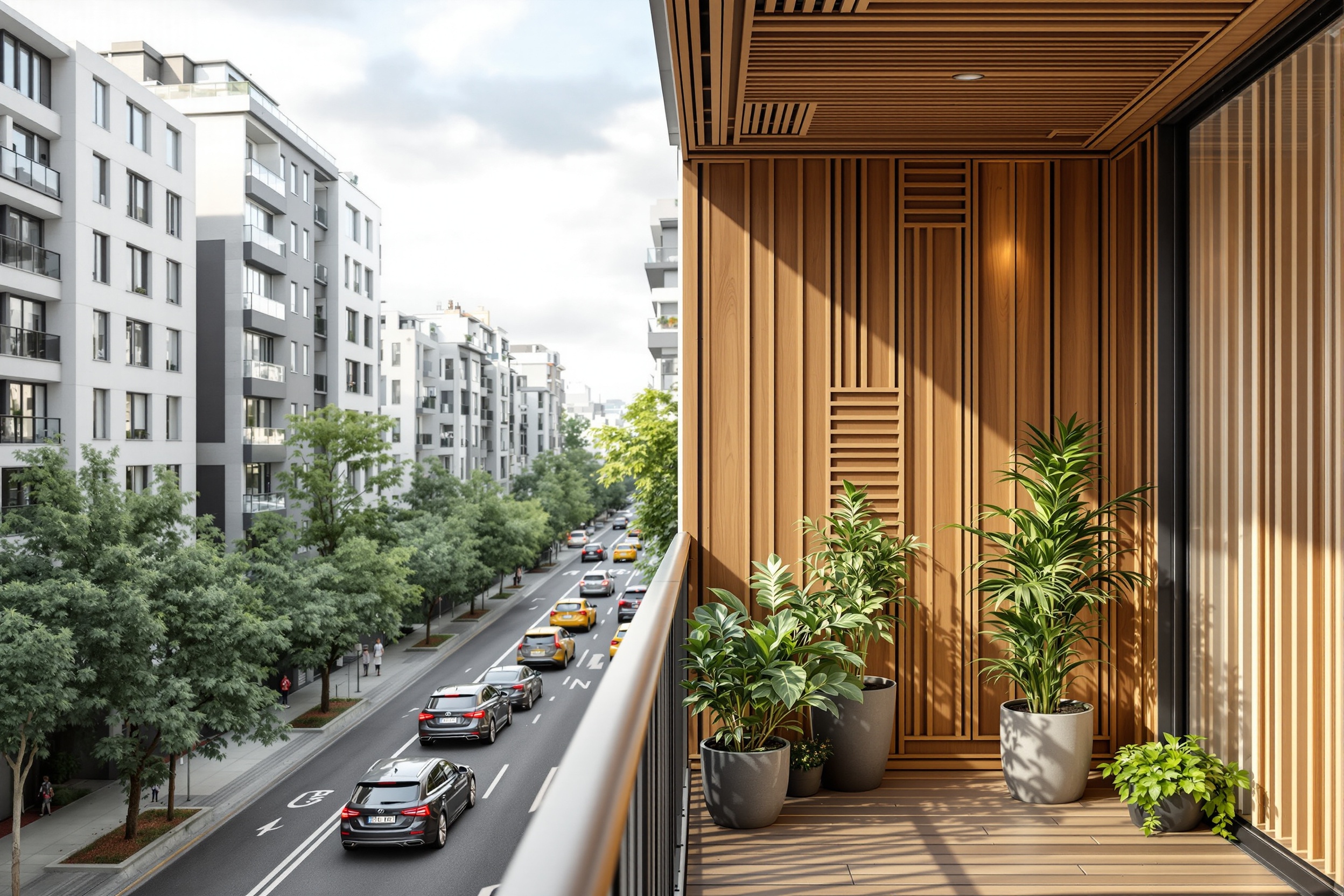 Nowoczesny balkon z parawanem z poliwęglanu i zielenią w donicach, dywan outdoor i stolik kawowy