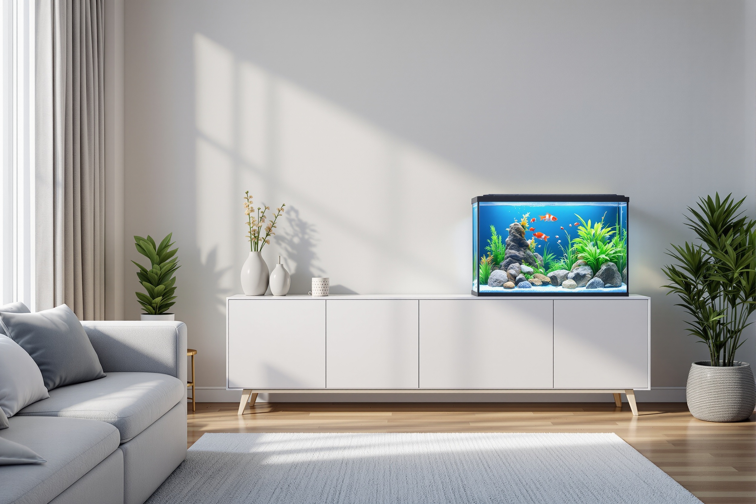 Nowoczesny salon z szafką akwariową i miękkimi materiałami ograniczającymi pogłos