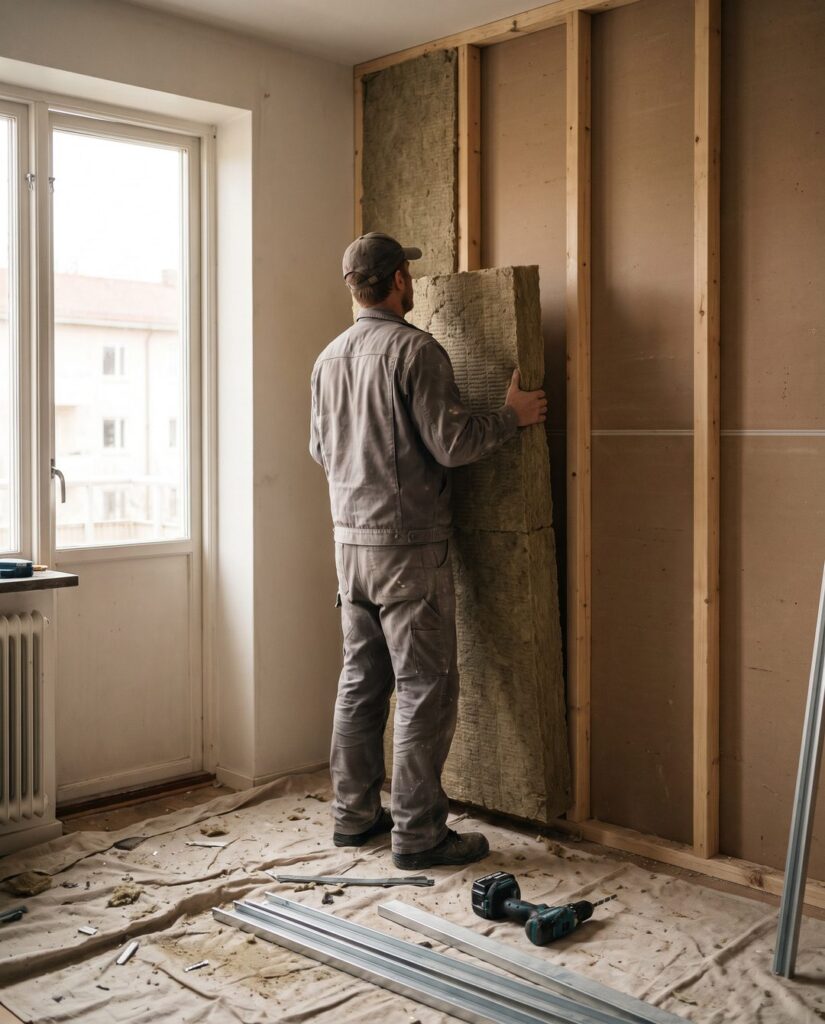 Monter zakłada wełnę akustyczną w konstrukcji ściany